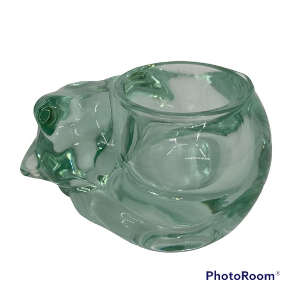 Kitty Cat Green Glass Votive Candle Holder Sleeping Cat Heavy Thick Clear Glass - Picture 1 of 12